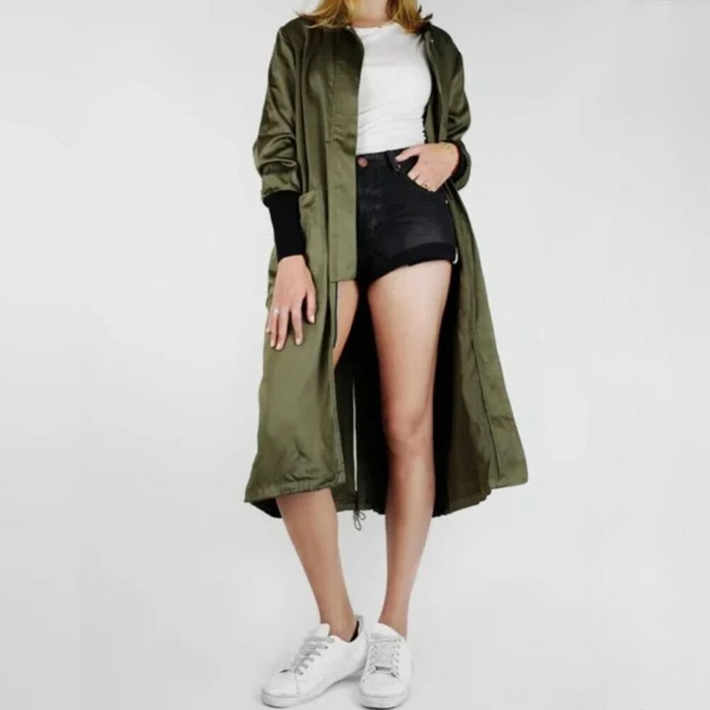 Soia & Kyo Bia Midi Bomber Jacket - Satin Coat - Olive Green - Size L
